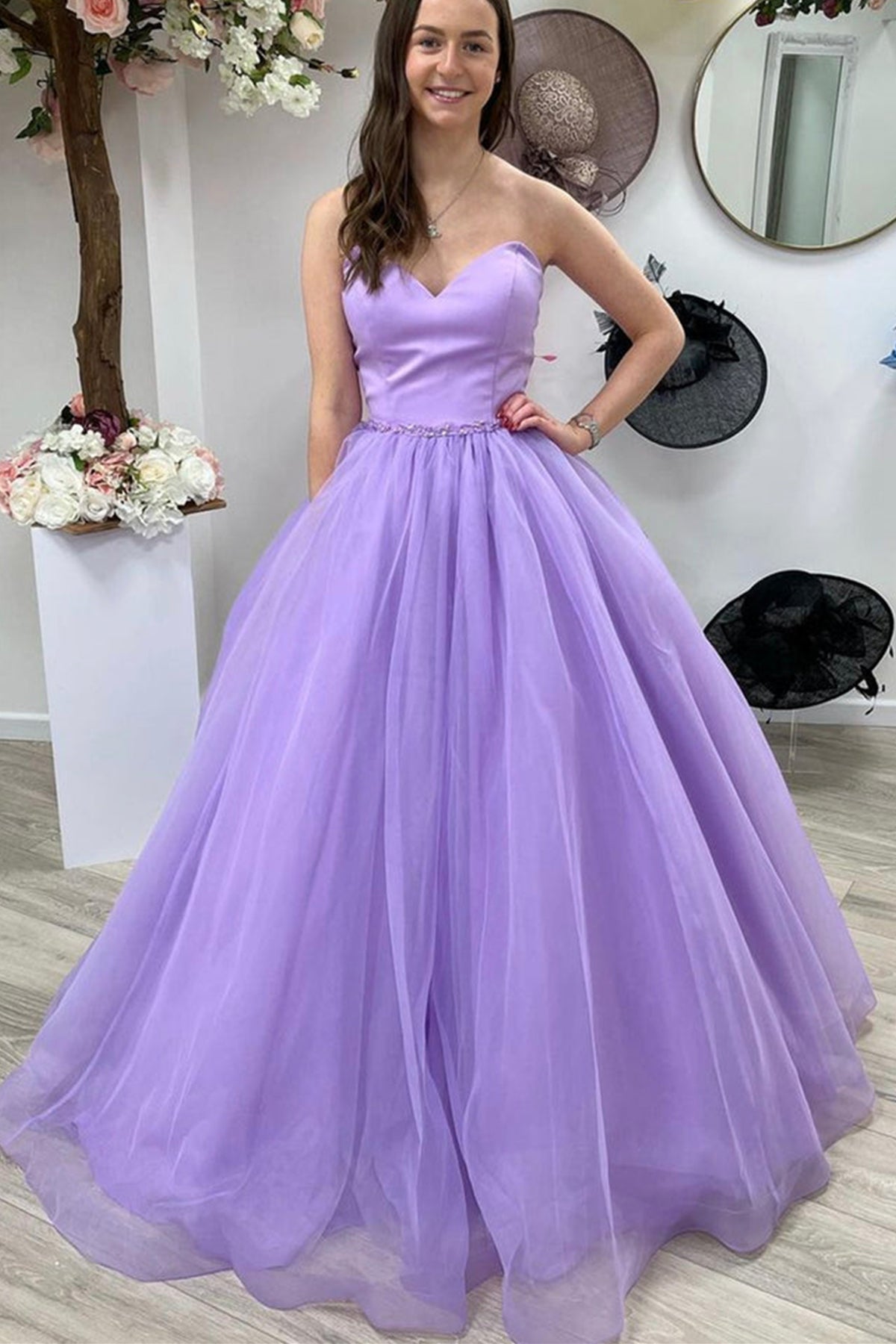 Unthony - Strapless Purple Tulle Long Prom Dress with Belt