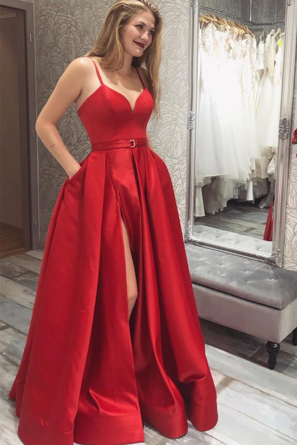 Unthony - Simple V Neck Red Satin Long Prom Dress with High Slit
