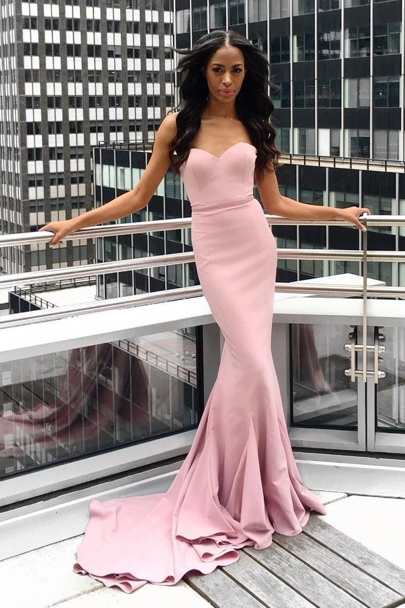 Unthony - Strapless Mermaid Pink Long Prom Dress with Train