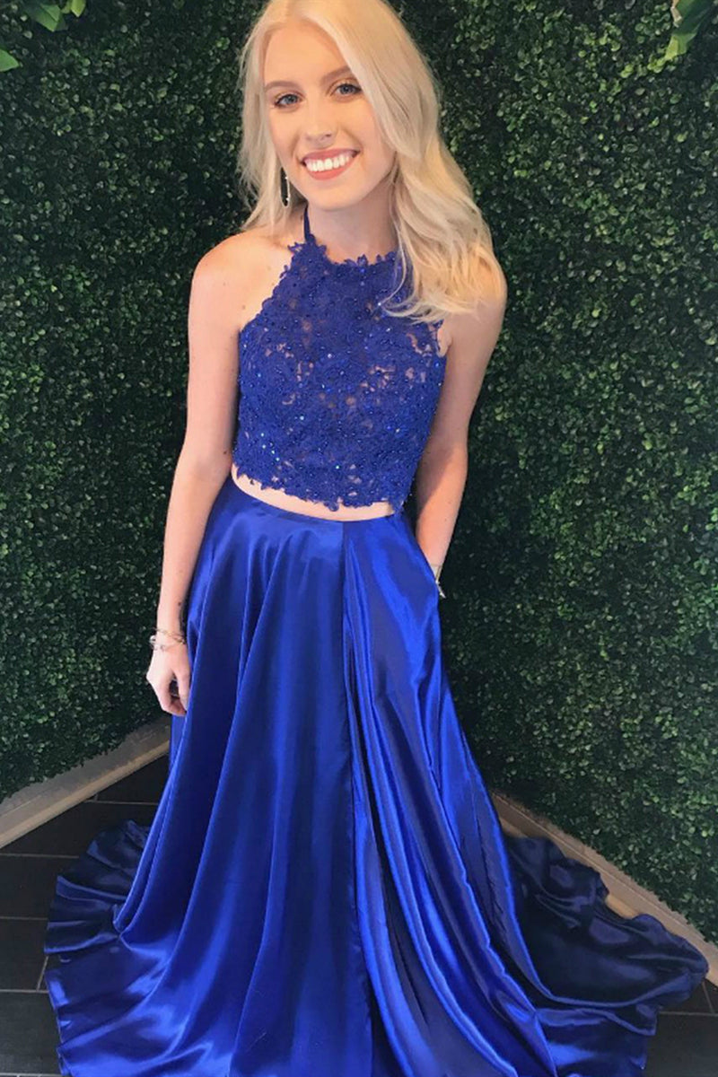 Unthony - Two Pieces Lace Royal Blue Long Prom Dresses