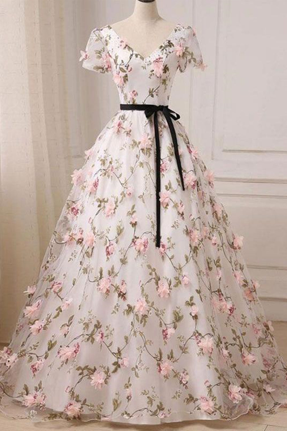 Unthony - Short Sleeves V Neck Pink 3D Flower White Long Prom Dress
