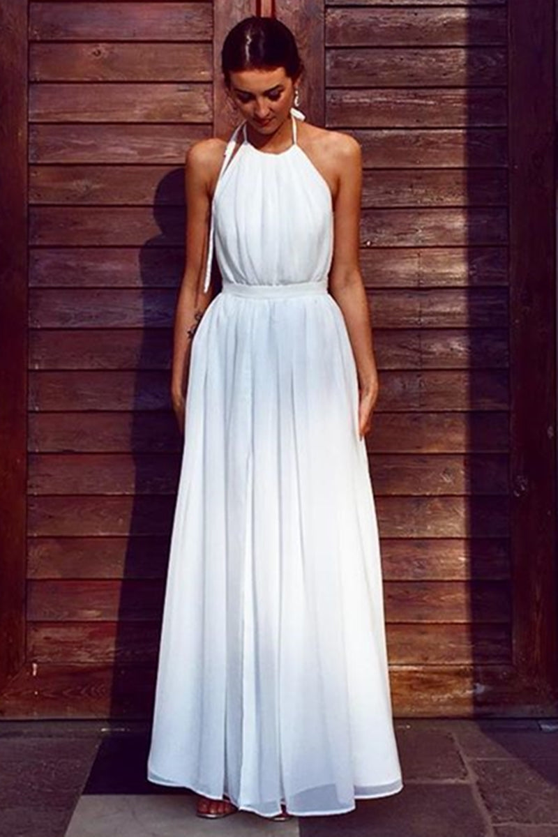 Unthony - A Line Halter Neck White Long Prom Dress