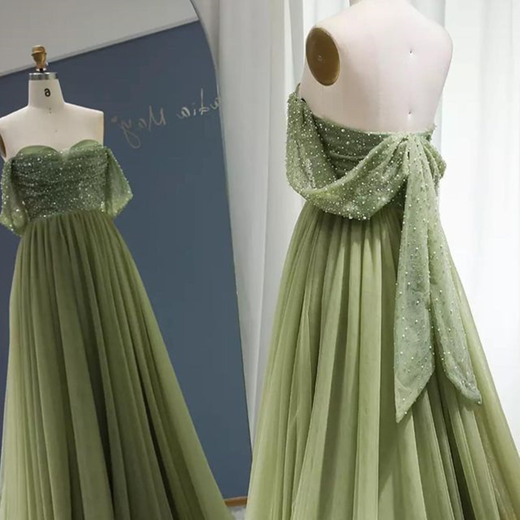 Unthony - Off the Shoulder Beaded Green Tulle Long Prom Dress