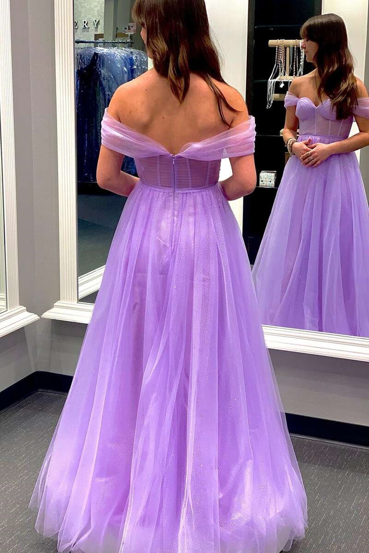Unthony - Off Shoulder Purple/Yellow Tulle Long Prom Dress