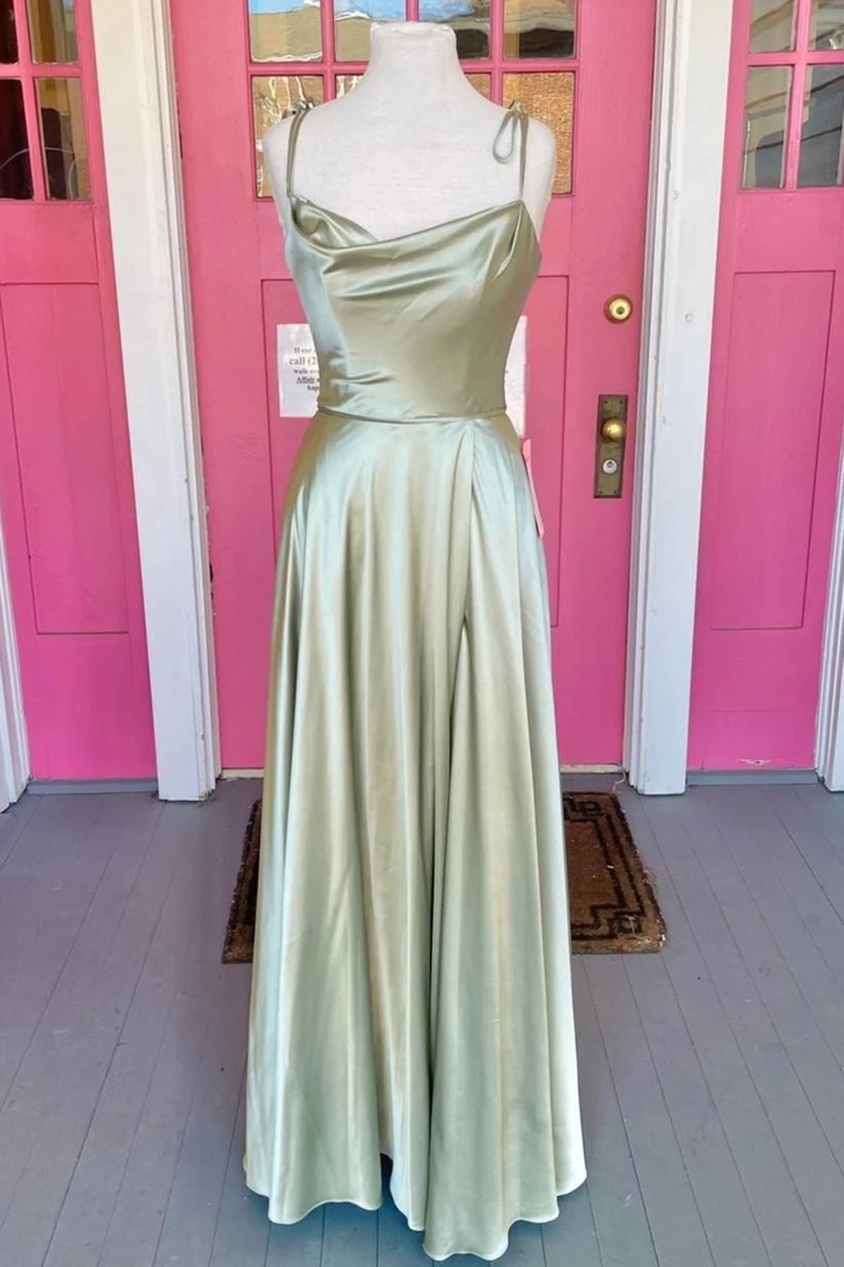 Unthony - Open Back Sage Satin Long Prom Dress with High Slit