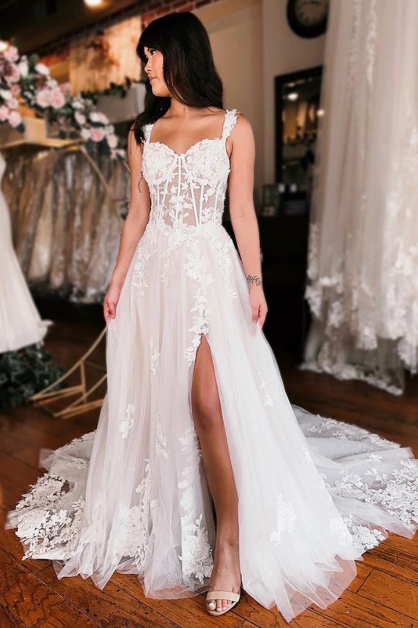 Unthony - Off Shoulder White Lace Long Prom Dress with High Slit
