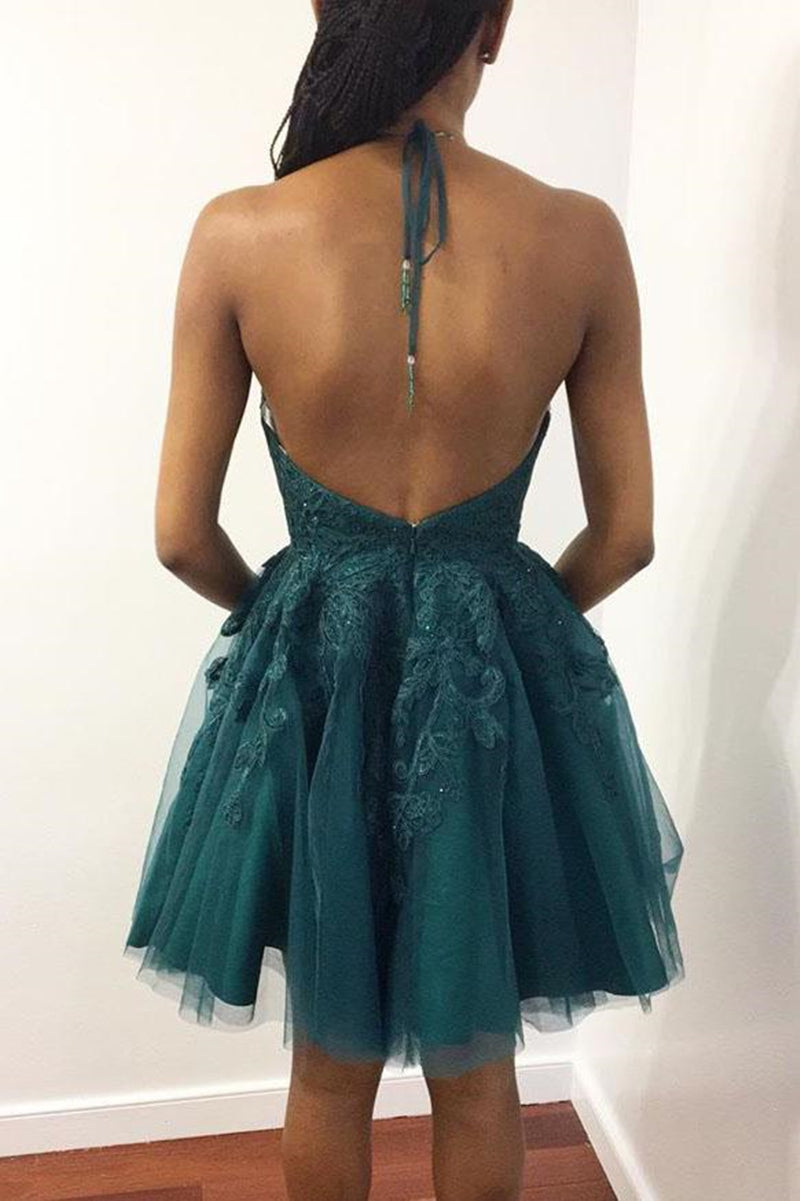 Unthony - A Line Halter Neck Backless Green Lace Short Prom Dress Homecoming Dress