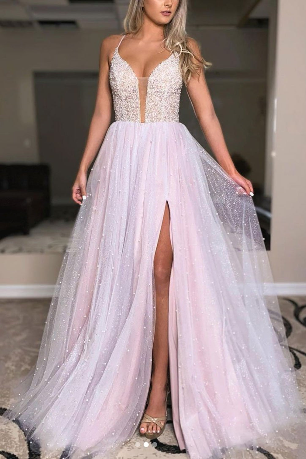 Unthony - Light Pink Deep V Neck Backless Beaded Long Prom Dress