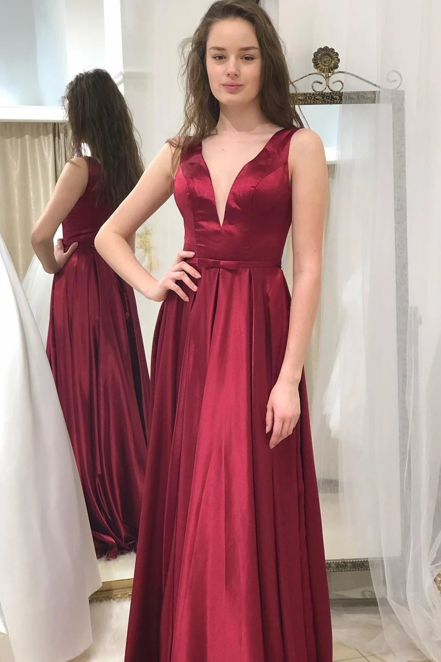 Unthony - Simple A Line V Neck Burgundy Long Prom Dress