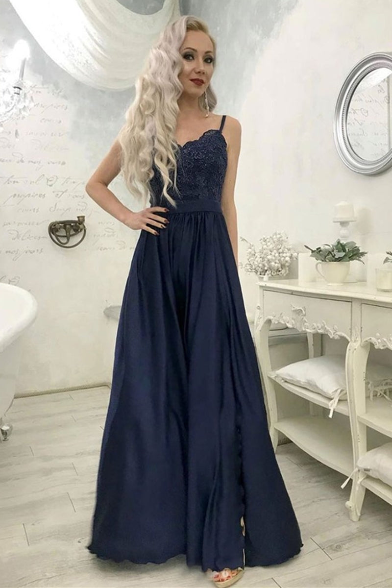 Unthony - A Line Sweetheart Neck Lace Navy Blue Long Prom Dress with split
