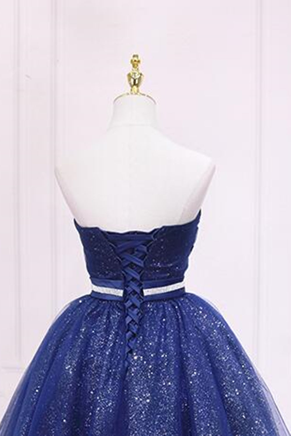 Unthony - Shiny Strapless Sweetheart Neck Blue Short Prom Homecoming Dress with Belt