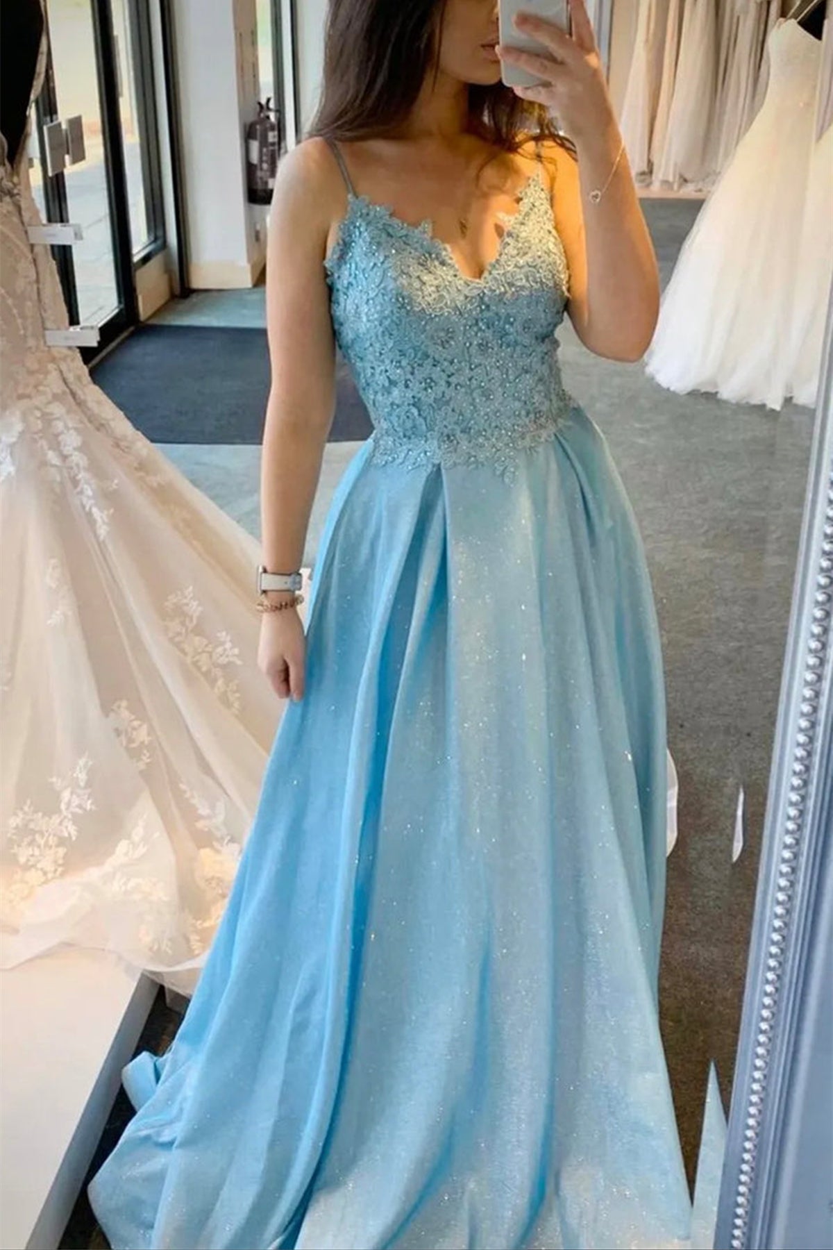 Unthony - A Line V Neck Blue Lace Long Prom Dress