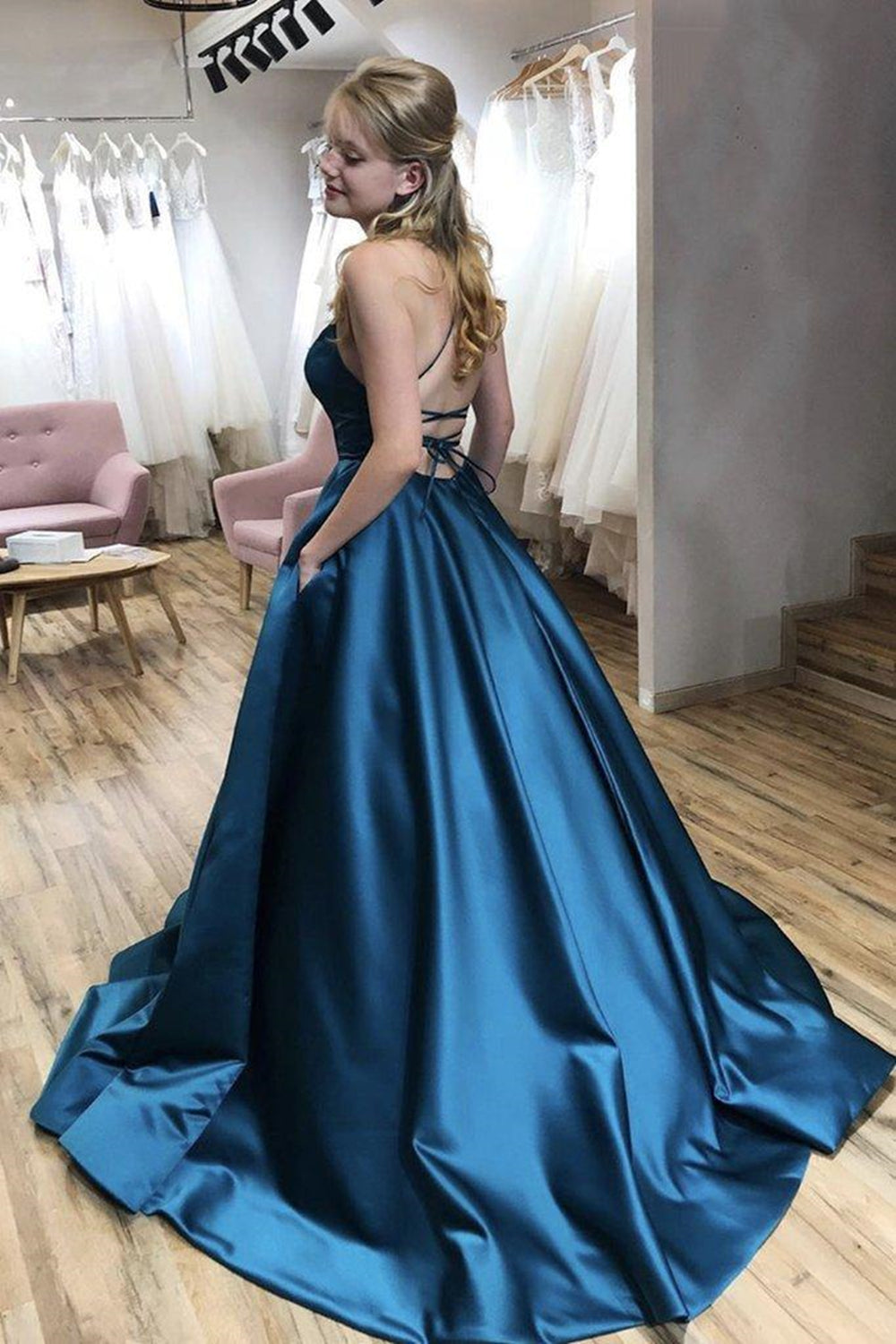 Unthony - A Line Thin Straps Open Back Blue Long Prom Dress