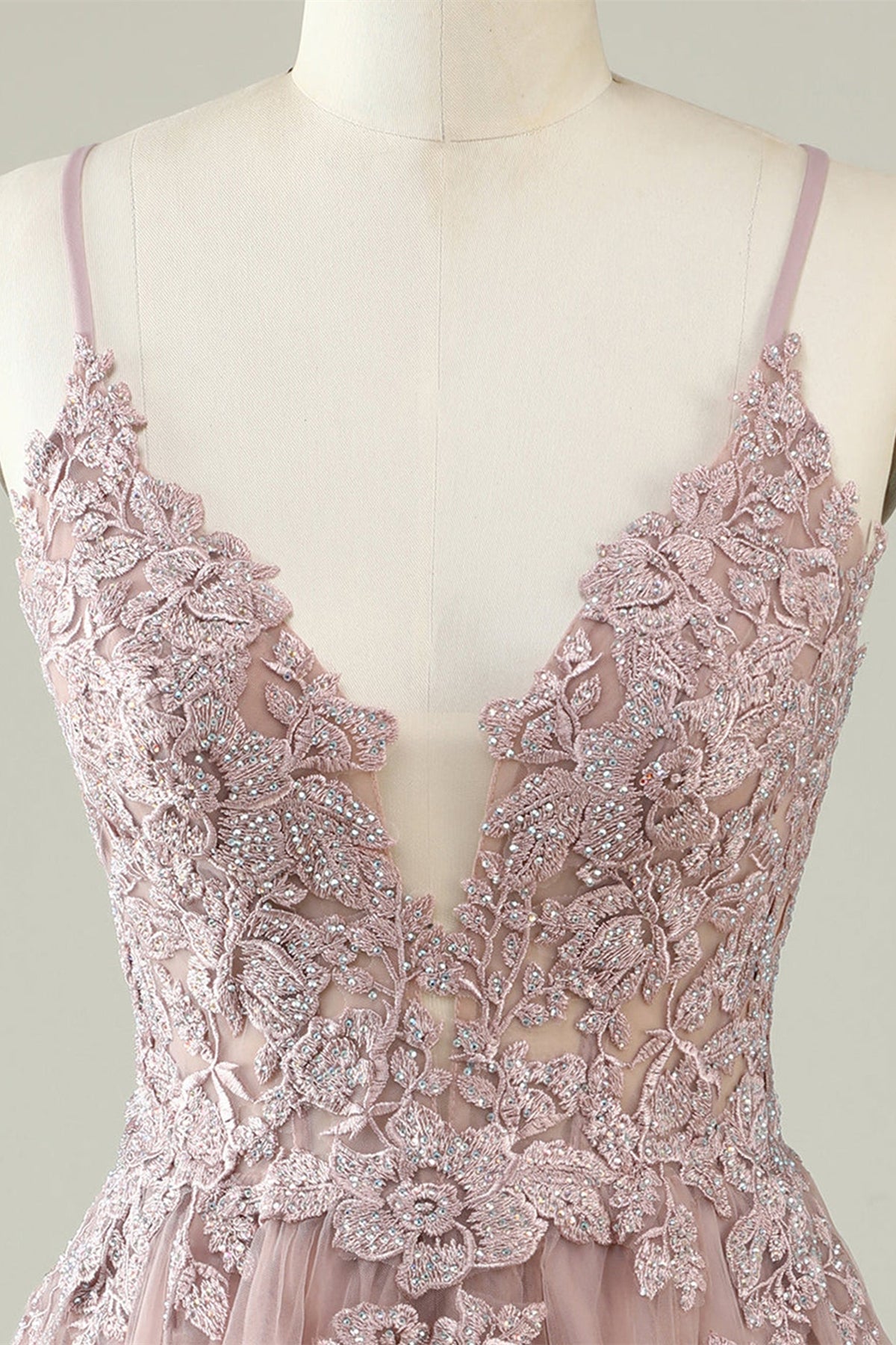 Unthony - Open Back V Neck Pink Lace Appliques Prom Dress