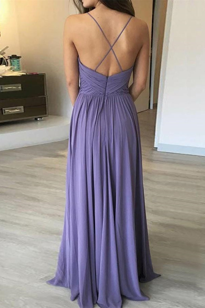 Unthony - Simple A Line V Neck Backless Long Lavender Prom Dress