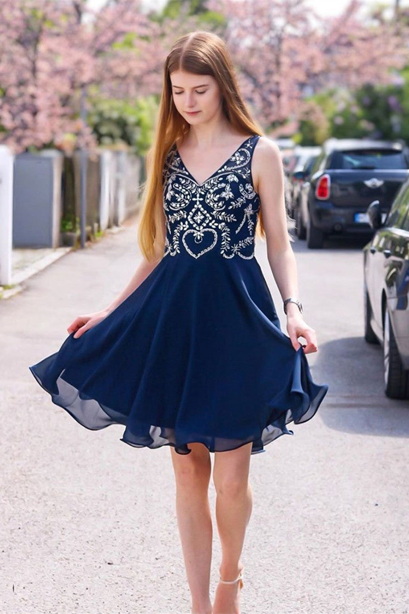 Unthony - Cute A Line V Neck Beaded Navy Blue Short Prom Dresses Homecoming Dresses