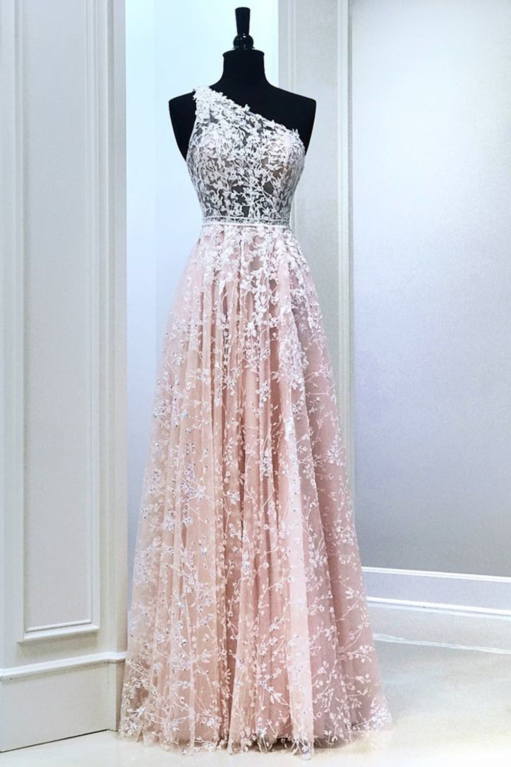Unthony - A Line One Shoulder Pink Lace Long Prom Dress