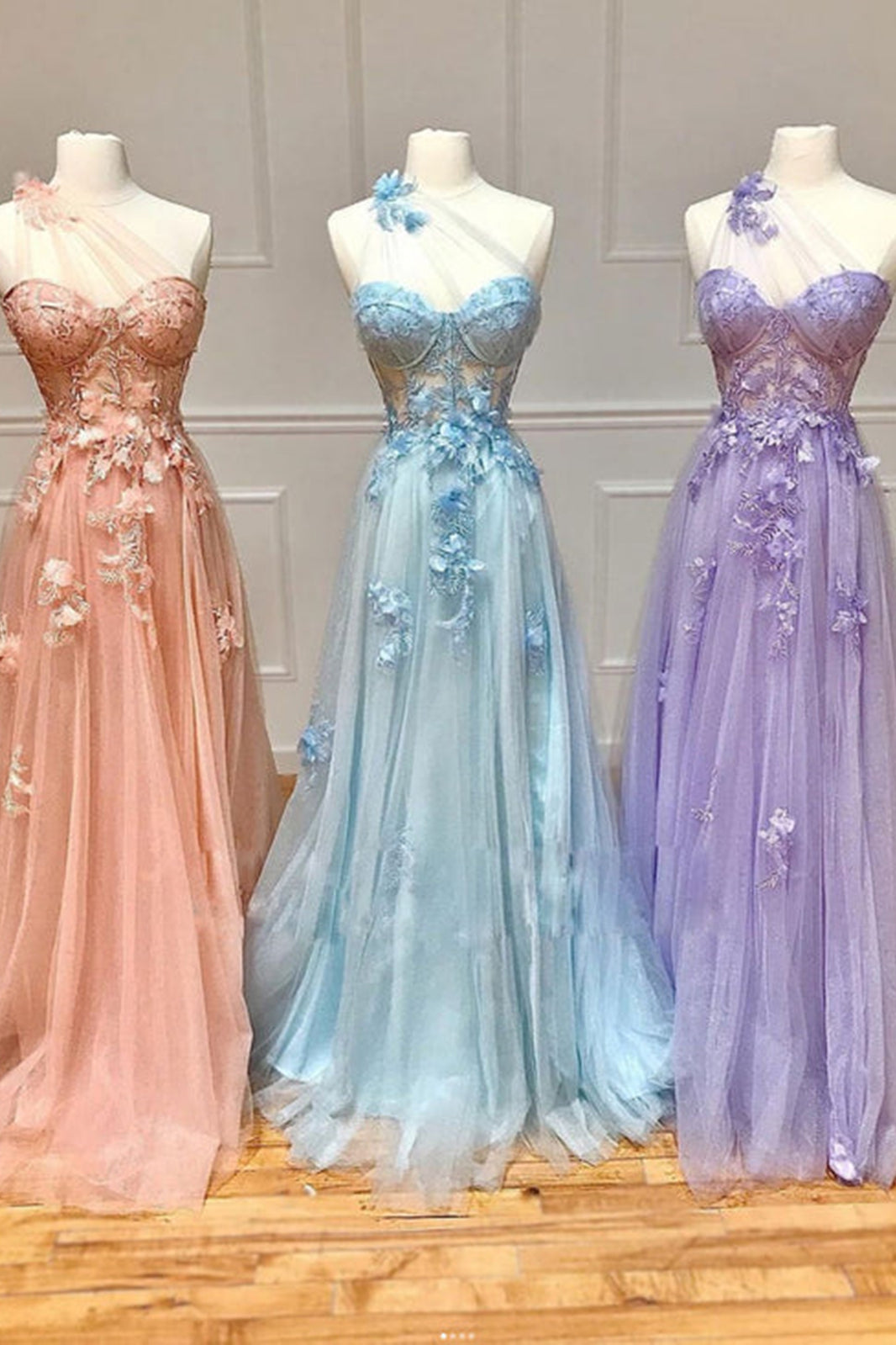 Unthony - One Shoulder Pink/Blue/Purple Floral Long Prom Dresses