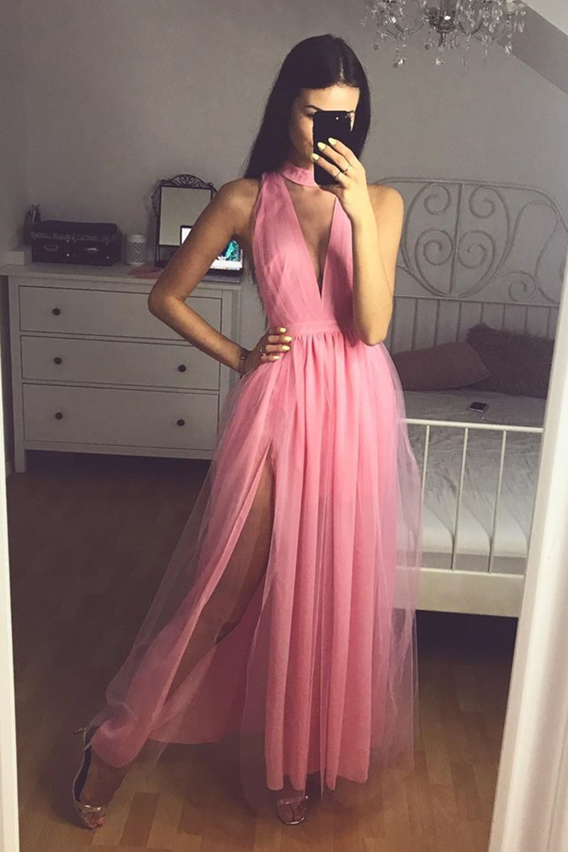 Unthony - Custom Made Deep V Neck Pink Tulle Long Prom Dress with Slit