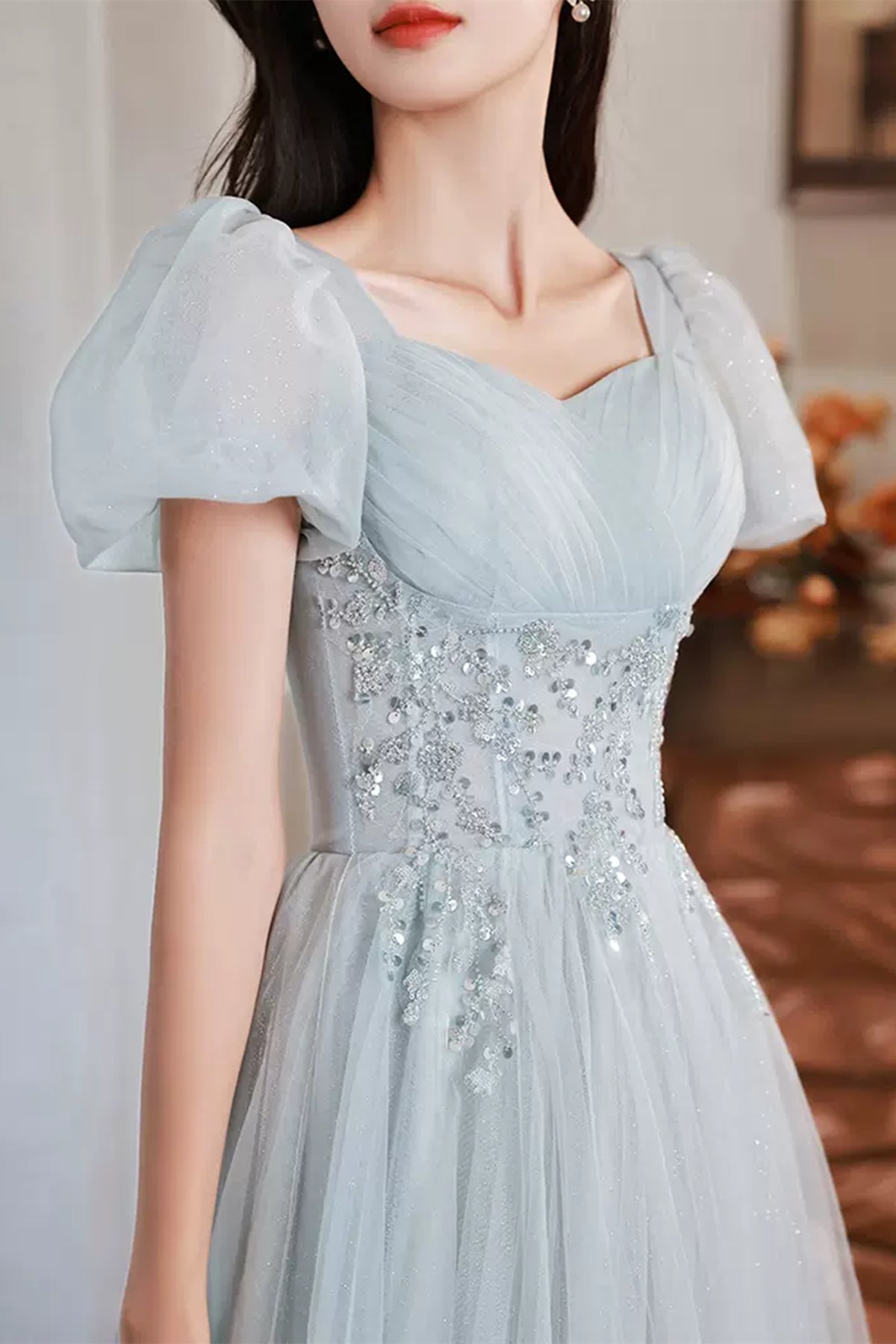 Unthony - Short Sleeves Beaded Blue Long Prom Dress