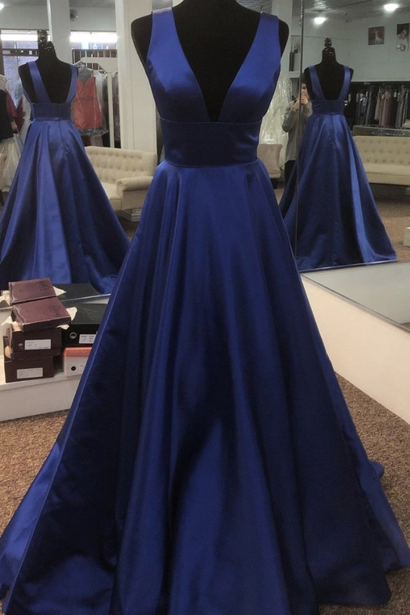 Unthony - Simple V Neck Open Back Blue Long Prom Dress