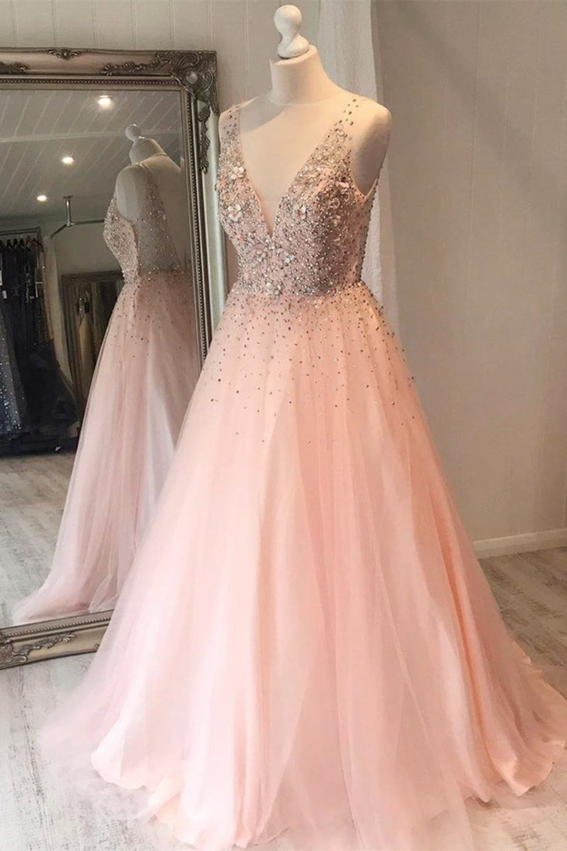 Unthony - A Line V Neck Sequins Pink Long Prom Dress