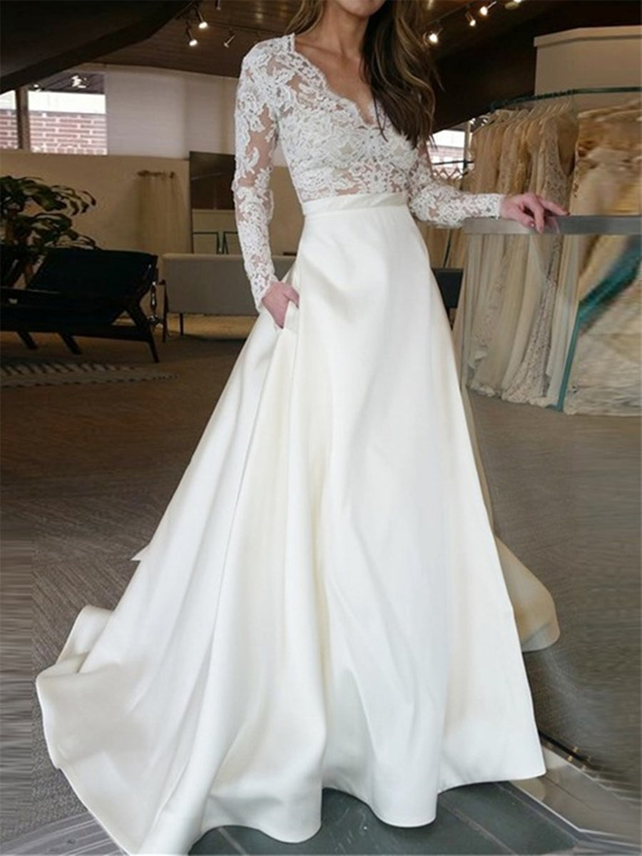 Unthony - V Neck Long Sleeves Lace Appliques White Wedding Dresses Long Prom Dresses