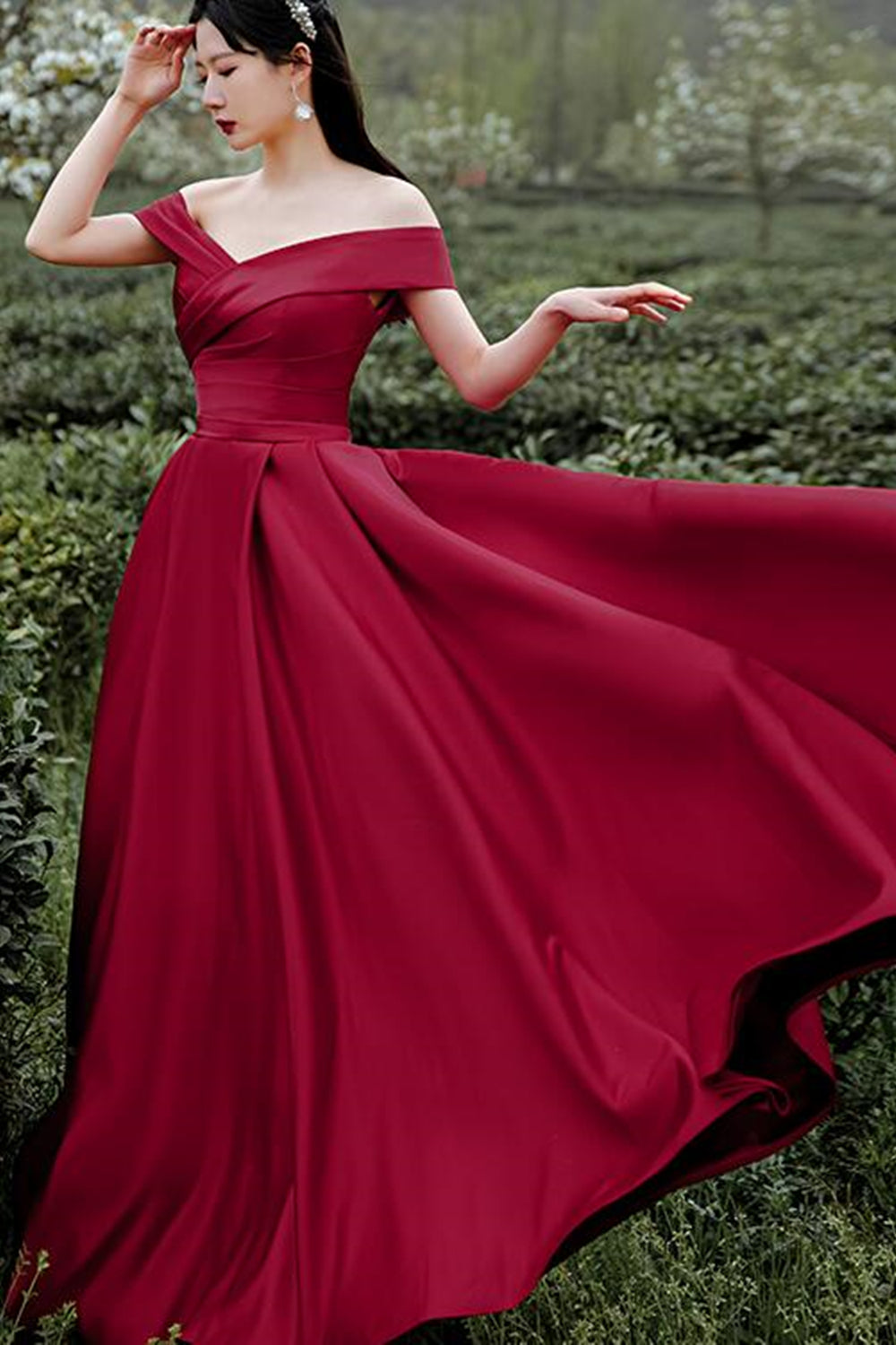 Unthony - Simple Off Shoulder Burgundy Long Prom Dress
