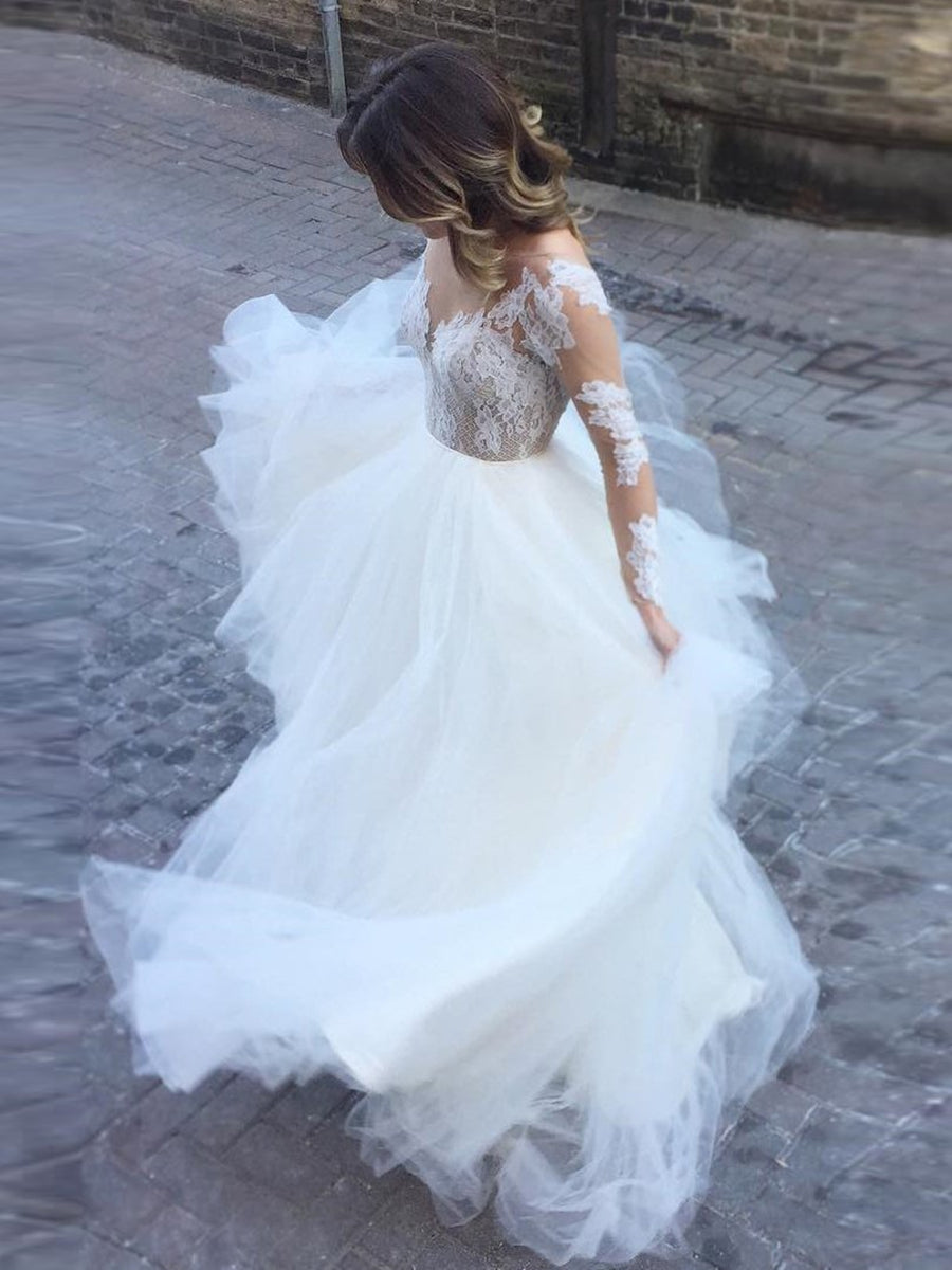 Unthony - A Line Bateau Backless Long Sleeves Lace White Wedding Dresses with Appliques