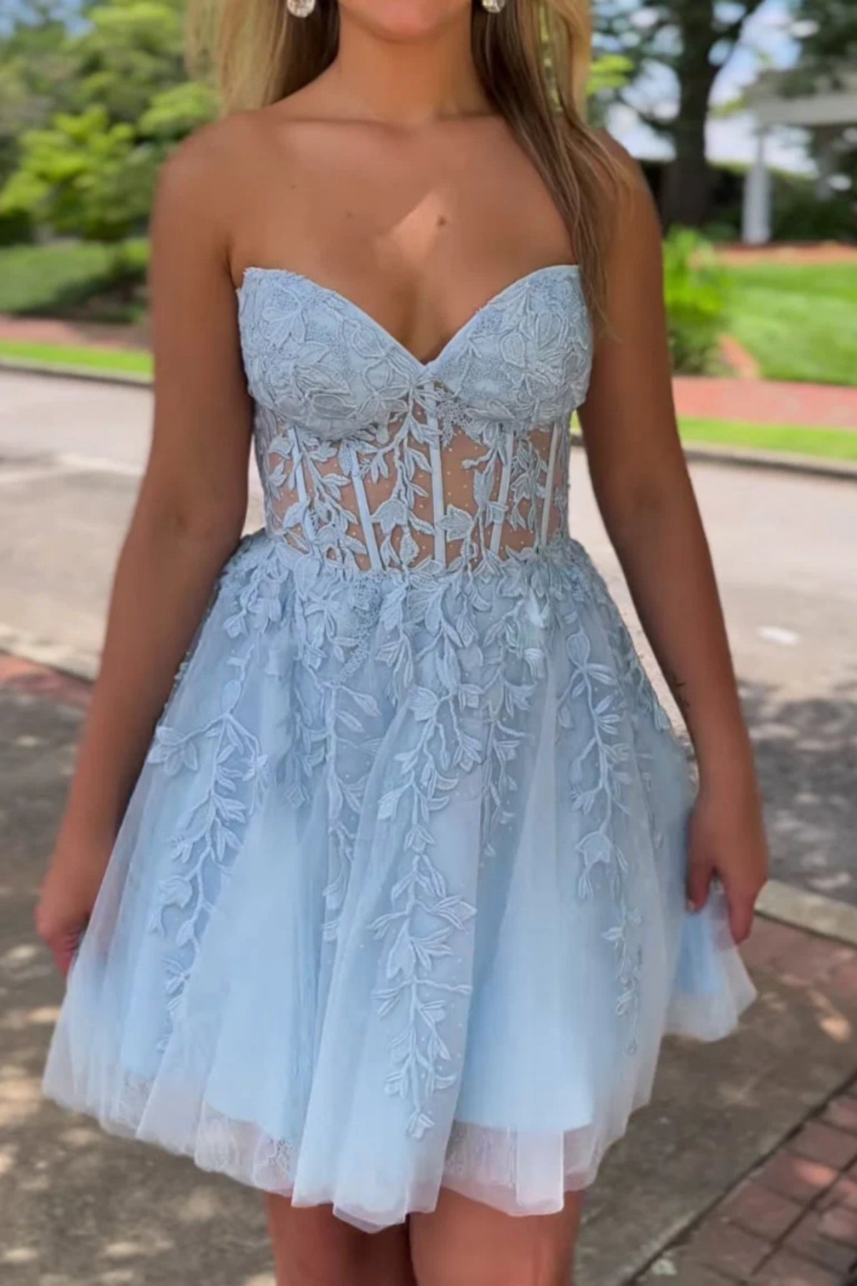Unthony - Strapless Light Blue Lace Prom Dress