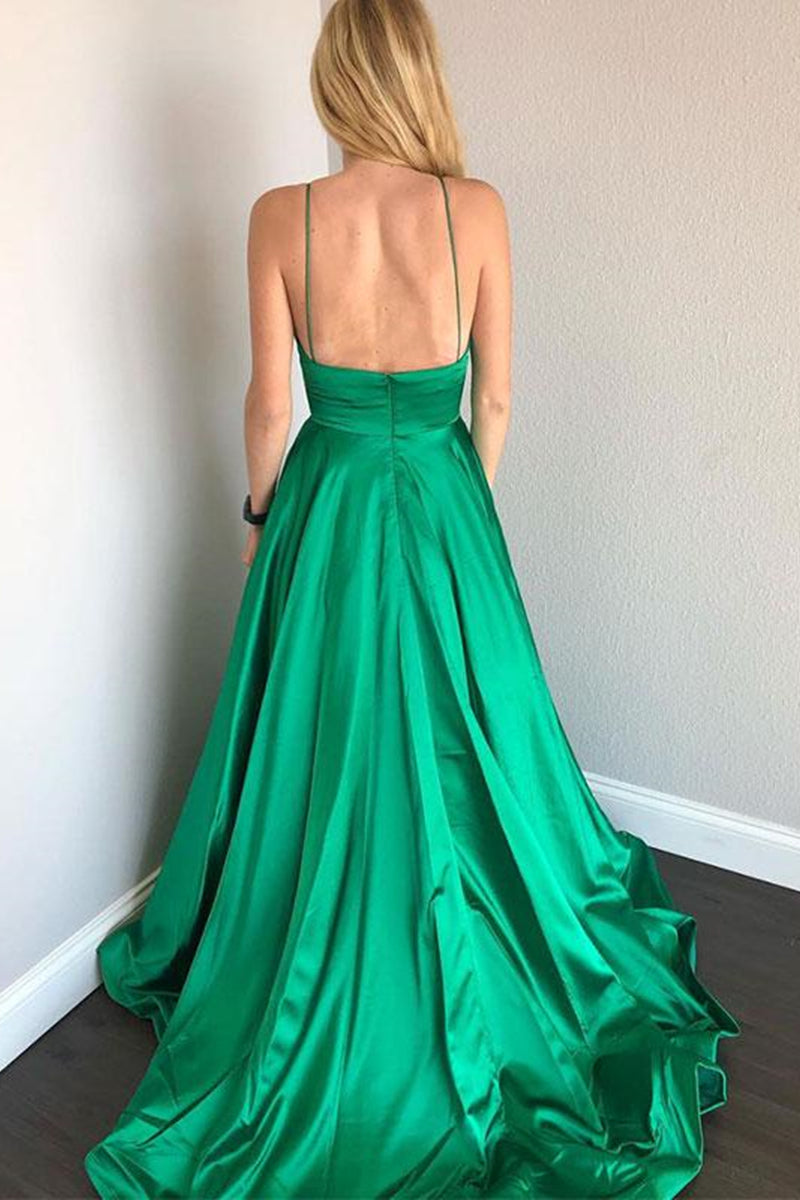 Unthony - Simple V Neck Backless Satin Green Long Prom Dresses