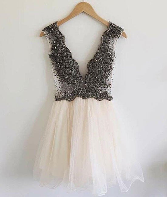 Unthony - Modern V-neck Beading A-line Short Beige Prom Dresses