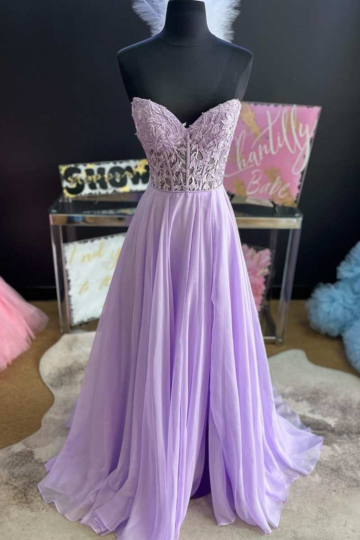 Unthony - Strapless Purple Tulle Lace Long Prom Dress