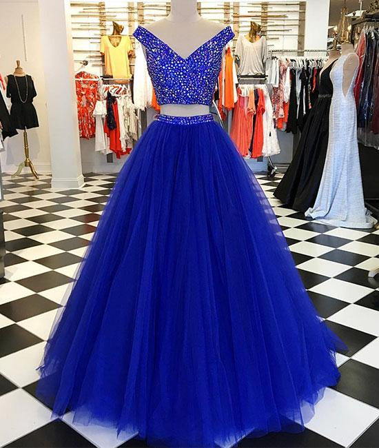 Unthony - V Neck Off Shoulder 2 Pieces Beads Blue Tulle Long Prom Dress
