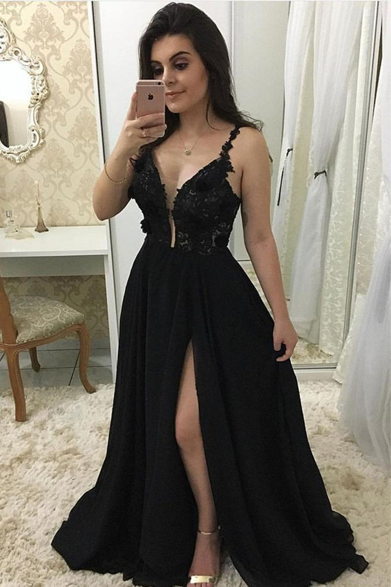 Unthony - Deep V Neck Black Lace Long Prom Dress with Slit
