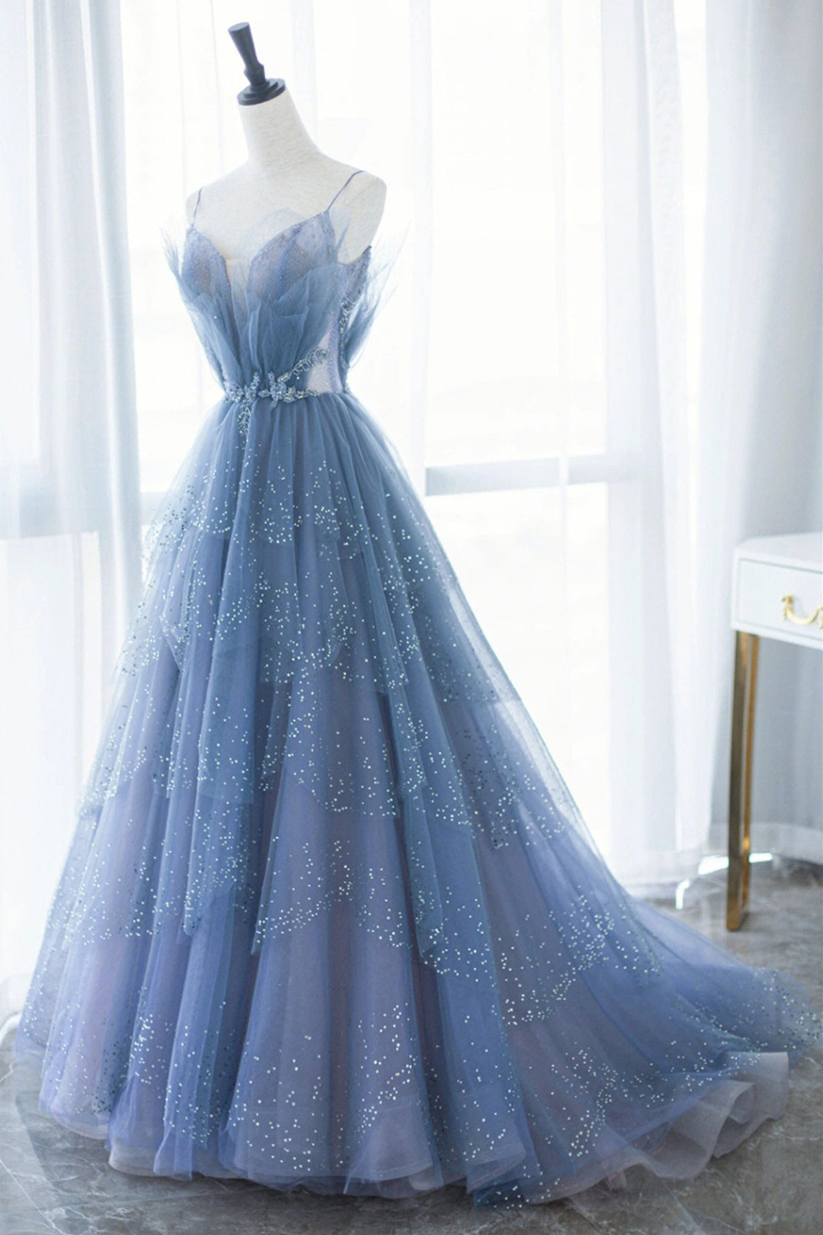 Unthony - Shiny Tulle V Neck Blue Long Prom Dress