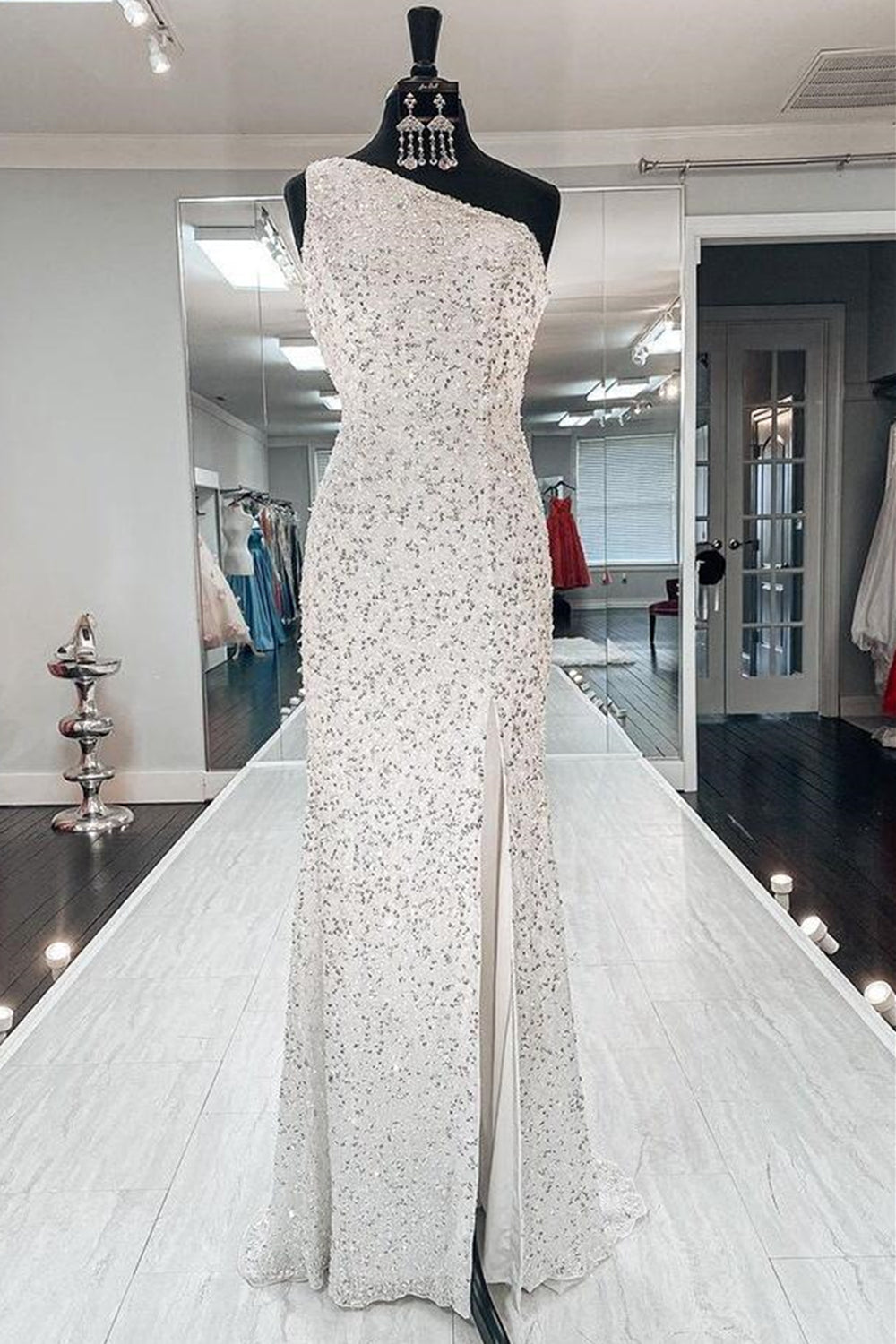 Unthony - One Shoulder Mermaid Sequins Ivory Long Prom Dress