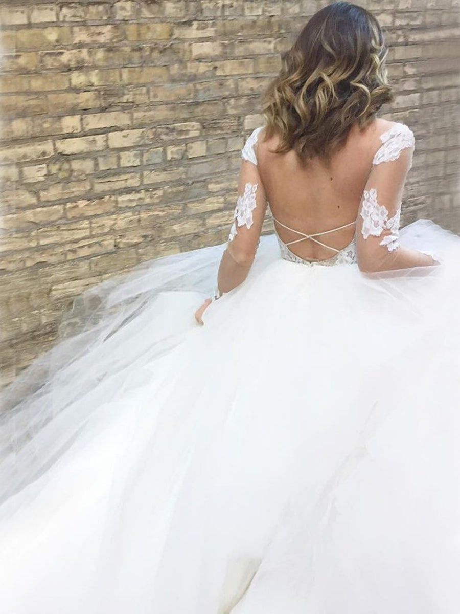 Unthony - A Line Bateau Backless Long Sleeves Lace White Wedding Dresses with Appliques