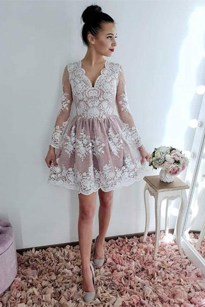 Unthony - Long Sleeves Lace Pink Short Prom Dresses Homecoming Dresses