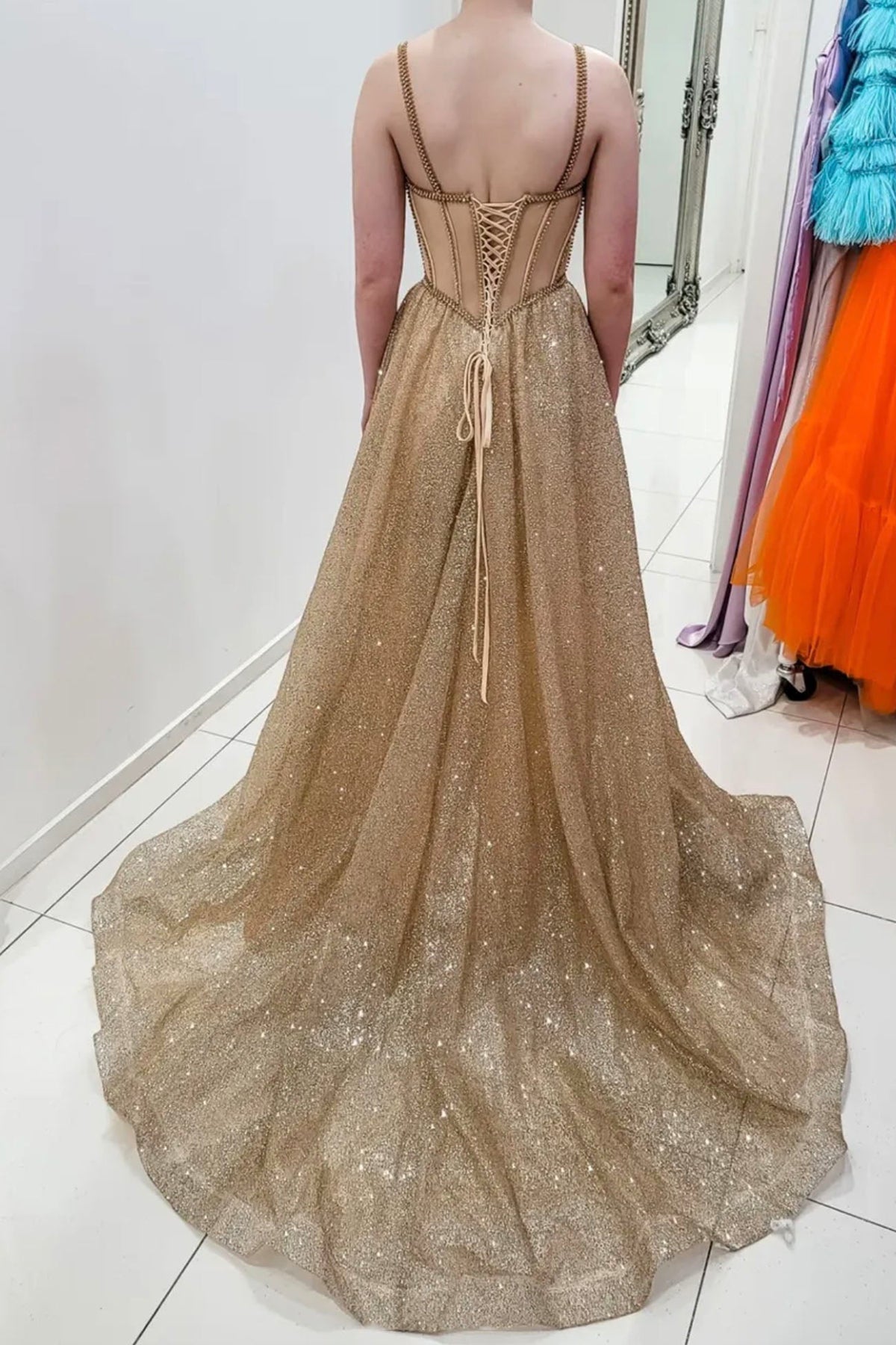 Unthony - Shiny A Line Champagne Tulle Long Prom Dress