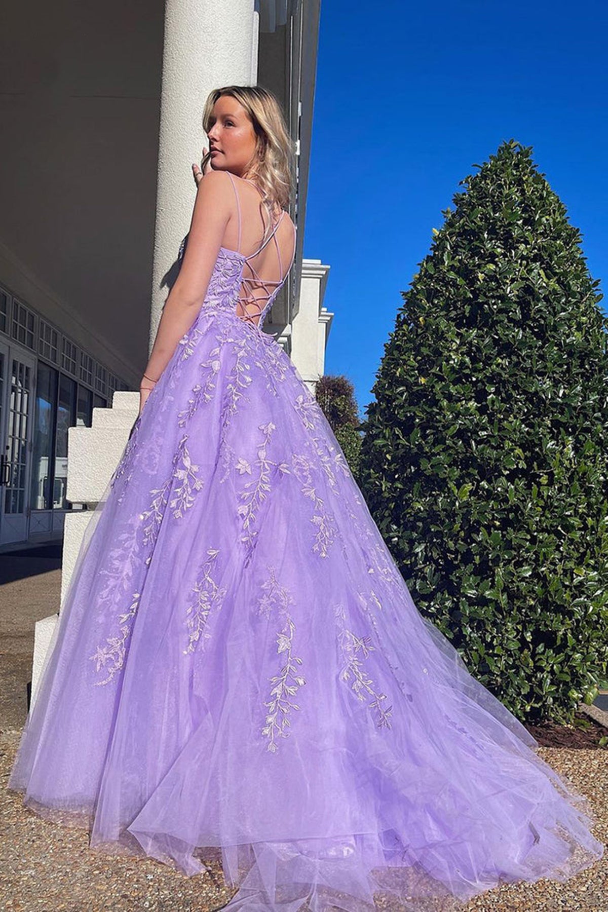 Unthony - A Line Open Back Purple Lace Long Prom Dresses