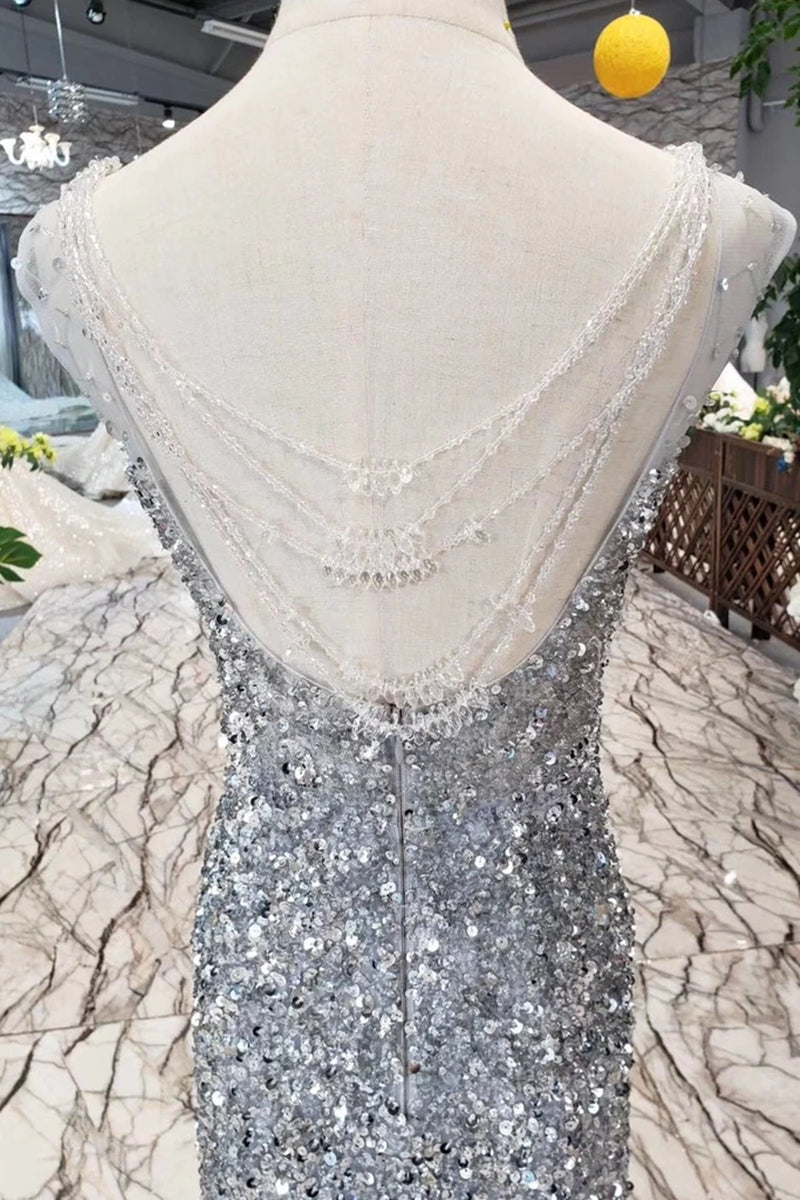 Unthony - Gorgeous Mermaid Backless Silver Grey Sequins Prom Dress