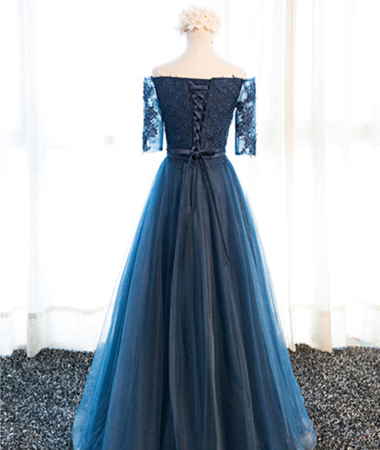 Unthony - Navy Blue Half Sleeves Lace Long Prom Dresses