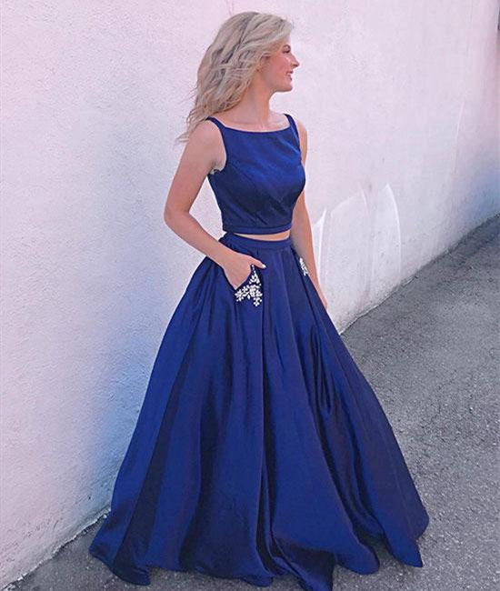 Unthony - Round Neck 2 Pieces Royal Blue Satin Long Prom Dress with Pocket
