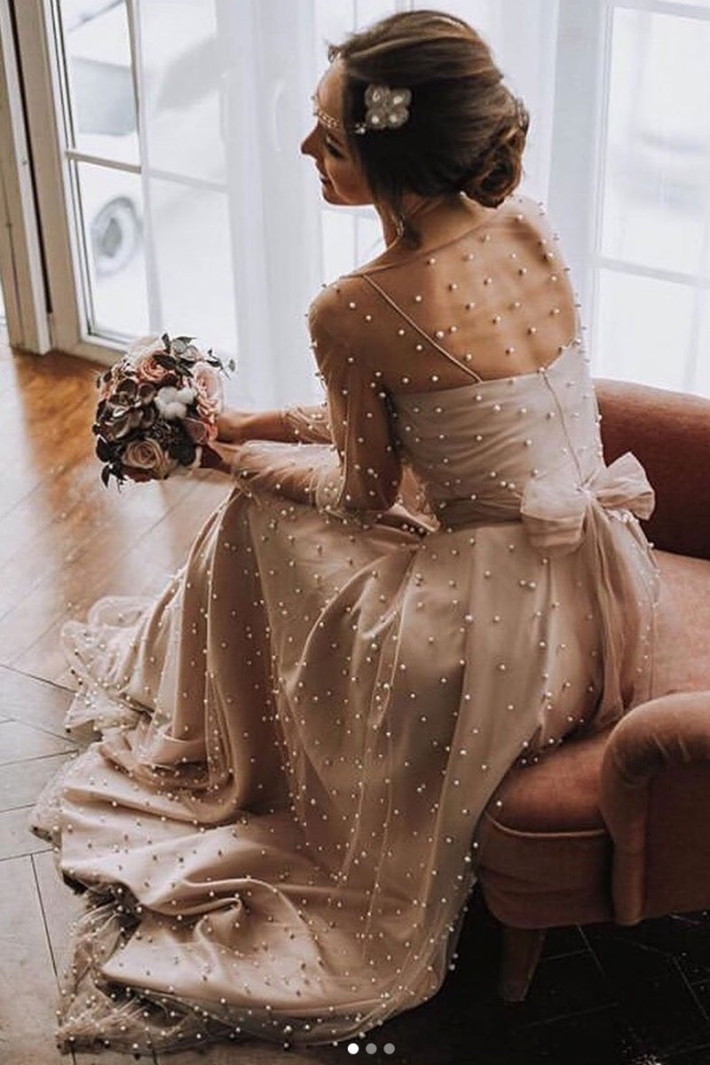 Unthony - Long Sleeves Round Neck Champagne Beaded Long Prom Dress