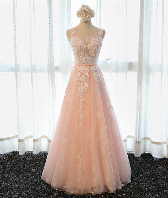 Unthony - A Line Round Neck Sleeveless Lace Grey/Pink/Champagne Prom Dresses