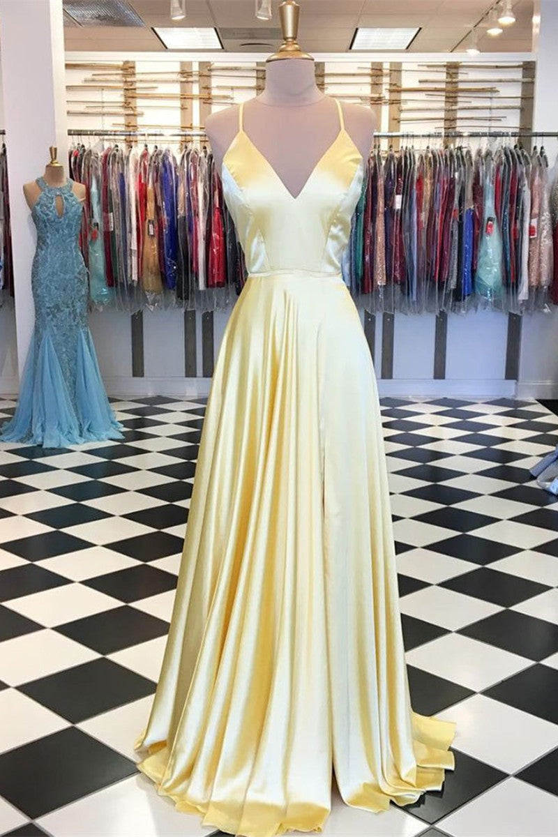 Unthony - A Line V Neck Backless Yellow Satin Long Prom Dresses