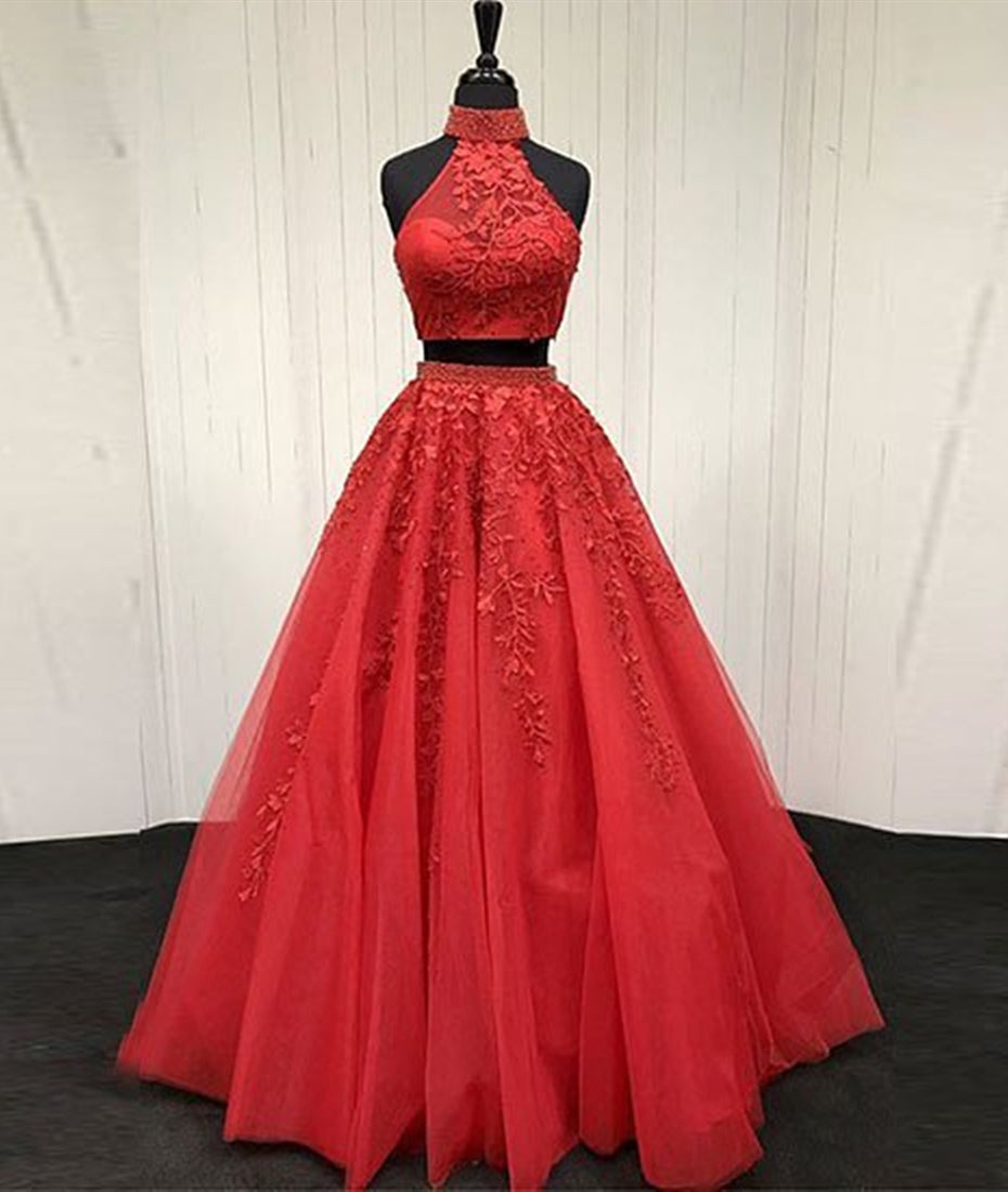 Unthony - A Line High Neck 2 Pieces Lace Red Long Prom Dress