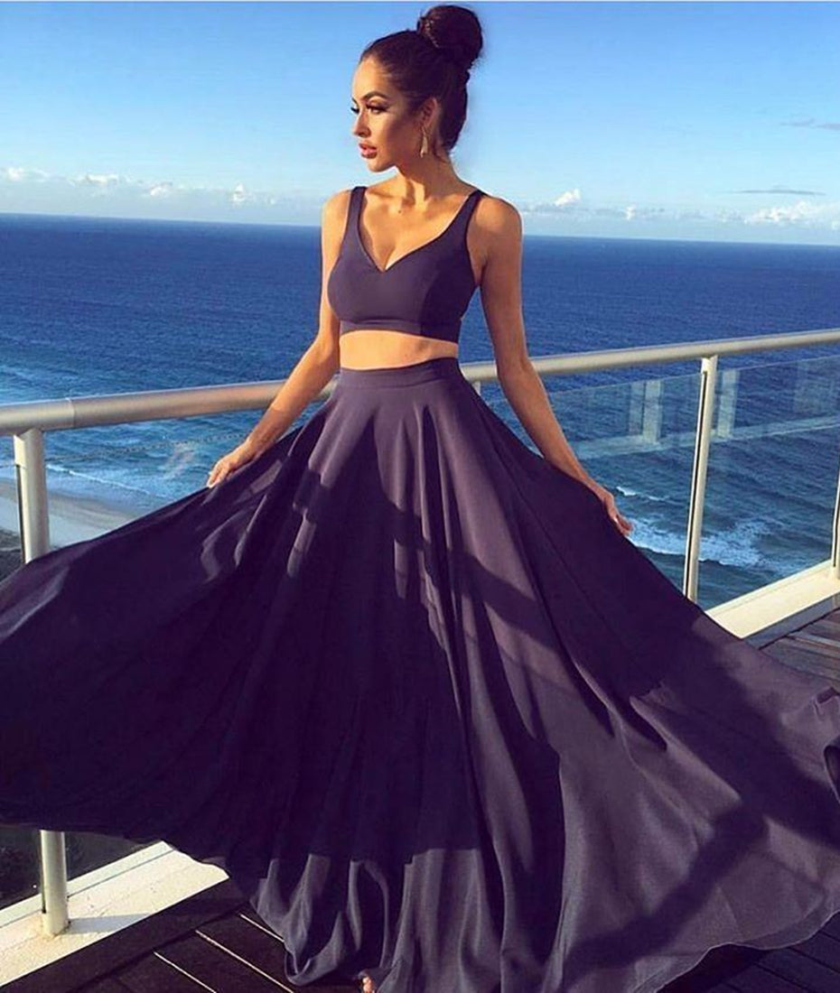 Unthony - A Line V Neck Two Pieces Navy Blue Prom Dresses