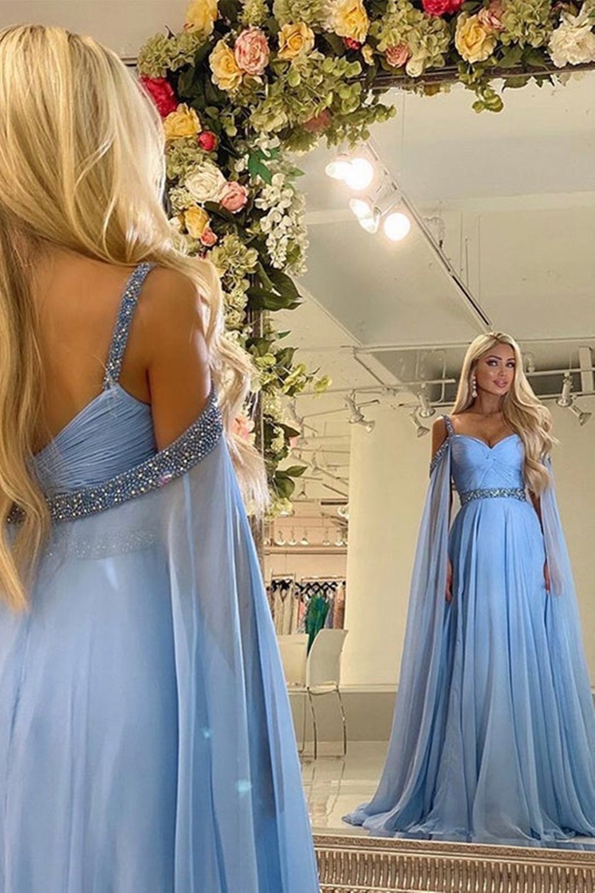 Unthony - Unique Blue Chiffon Beaded Long Prom Dress